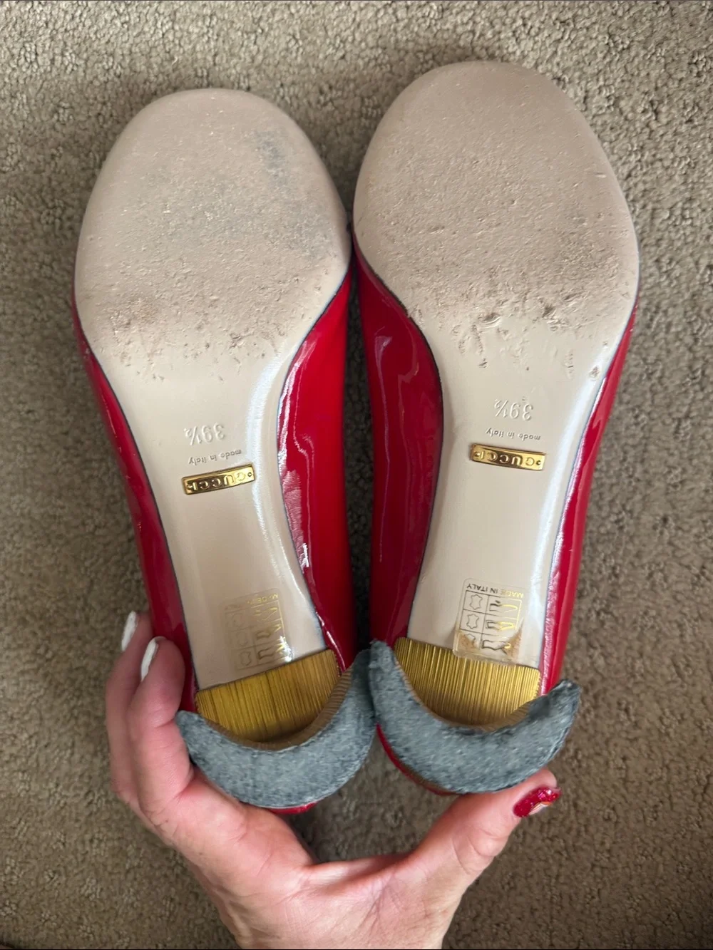 Gucci Arielle Mary Jane Red Patent Leather Pumps with Pearl Button